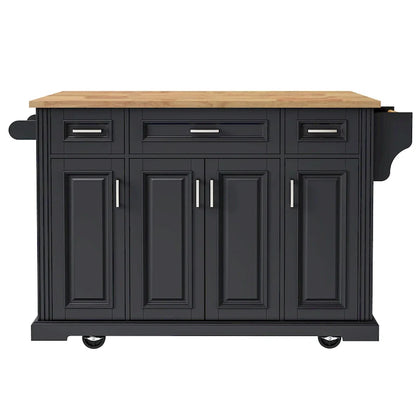 54 Grand îlot de cuisine avec plateau rabattable en bois d'hévéa, chariot de cuisine roulant à texture gaufrée sur 4 roues avec 4 portes et 3 tiroirs